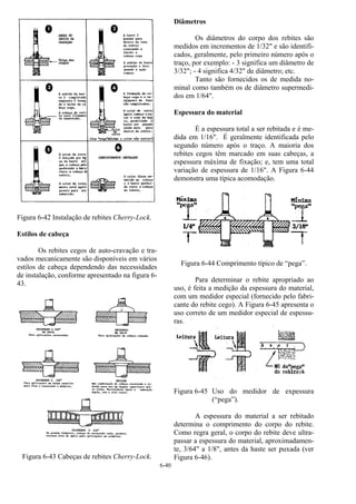6-40
Figura 6-42 Instalação de rebites Cherry-Lock.
Estilos de cabeça
Os rebites cegos de auto-cravação e tra-
vados mecanicamente são disponíveis em vários
estilos de cabeça dependendo das necessidades
de instalação, conforme apresentado na figura 6-
43.
Figura 6-43 Cabeças de rebites Cherry-Lock.
Diâmetros
Os diâmetros do corpo dos rebites são
medidos em incrementos de 1/32" e são identifi-
cados, geralmente, pelo primeiro número após o
traço, por exemplo: - 3 significa um diâmetro de
3/32"; - 4 significa 4/32" de diâmetro; etc.
Tanto são fornecidos os de medida no-
minal como também os de diâmetro supermedi-
dos em 1/64".
Espessura do material
É a espessura total a ser rebitada e é me-
dida em 1/16". É geralmente identificada pelo
segundo número após o traço. A maioria dos
rebites cegos têm marcado em suas cabeças, a
espessura máxima de fixação; e, tem uma total
variação de espessura de 1/16". A Figura 6-44
demonstra uma típica acomodação.
Figura 6-44 Comprimento típico de “pega”.
Para determinar o rebite apropriado ao
uso, é feita a medição da espessura do material,
com um medidor especial (fornecido pelo fabri-
cante do rebite cego). A Figura 6-45 apresenta o
uso correto de um medidor especial de espessu-
ras.
Figura 6-45 Uso do medidor de expessura
(“pega”).
A espessura do material a ser rebitado
determina o comprimento do corpo do rebite.
Como regra geral, o corpo do rebite deve ultra-
passar a espessura do material, aproximadamen-
te, 3/64" a 1/8", antes da haste ser puxada (ver
Figura 6-46).
 