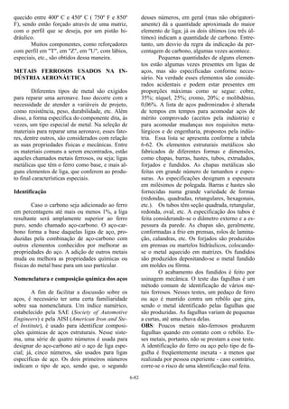 6-82
quecido entre 400º C e 450º C ( 750º F e 850º
F), sendo então forçado através de uma matriz,
com o perfil que se deseja, por um pistão hi-
dráulico.
Muitos componentes, como reforçadores
com perfil em "T", em "Z", em "U", com lábios,
especiais, etc., são obtidos dessa maneira.
METAIS FERROSOS USADOS NA IN-
DÚSTRIA AERONÁUTICA
Diferentes tipos de metal são exigidos
para reparar uma aeronave. Isso decorre com a
necessidade de atender a variáveis de projeto,
como resistência, peso, durabilidade, etc. Além
disso, a forma específica do componente dita, às
vezes, um tipo especial de metal. Na seleção de
materiais para reparar uma aeronave, esses fato-
res, dentre outros, são considerados com relação
as suas propriedades físicas e mecânicas. Entre
os materiais comuns a serem encontrados, estão
aqueles chamados metais ferrosos, ou seja; ligas
metálicas que têm o ferro como base, e mais al-
guns elementos de liga, que conferem ao produ-
to final características especiais.
Identificação
Caso o carbono seja adicionado ao ferro
em percentagens até mais ou menos 1%, a liga
resultante será amplamente superior ao ferro
puro, sendo chamado aço-carbono. O aço-car-
bono forma a base daquelas ligas de aço, pro-
duzidas pela combinação de aço-carbono com
outros elementos conhecidos por melhorar as
propriedades do aço. A adição de outros metais
muda ou melhora as propriedades químicas ou
físicas do metal base para um uso particular.
Nomenclatura e composição química dos aços
A fim de facilitar a discussão sobre os
aços, é necessário ter uma certa familiaridade
sobre sua nomenclatura. Um índice numérico,
estabelecido pela SAE (Society of Automotive
Engineers) e pela AISI (American Iron and Ste-
el Institute), é usado para identificar composi-
ções químicas de aços estruturais. Nesse siste-
ma, uma série de quatro números é usada para
designar do aço-carbono até o aço de liga espe-
cial; já, cinco números, são usados para ligas
específicas de aço. Os dois primeiros números
indicam o tipo de aço, sendo que, o segundo
desses números, em geral (mas não obrigatori-
amente) dá a quantidade aproximada do maior
elemento de liga; já os dois últimos (ou três úl-
timos) indicam a quantidade de carbono. Entre-
tanto, um desvio da regra da indicação da per-
centagem de carbono, algumas vezes acontece.
Pequenas quantidades de alguns elemen-
tos estão algumas vezes presentes em ligas de
aços, mas são especificadas conforme neces-
sário. Na verdade esses elementos são conside-
rados acidentais e podem estar presentes em
proporções máximas como se segue: cobre,
35%; níquel, 25%; cromo, 20%; e molibdênio,
0,06%. A lista de aços padronizados é alterada
de tempos em tempos para acomodar aços de
mérito comprovado (aceitos pela indústria) e
para acomodar mudanças nos requisitos meta-
lúrgicos e de engenharia, propostos pela indús-
tria. Essa lista se apresenta conforme a tabela
6-62. Os elementos estruturais metálicos são
fabricados de diferentes formas e dimensões,
como chapas, barras, hastes, tubos, extrudados,
forjados e fundidos. As chapas metálicas são
feitas em grande número de tamanhos e espes-
suras. As especificações designam a espessura
em milésimos de polegada. Barras e hastes são
fornecidas numa grande variedade de formas
(redondas, quadradas, retangulares, hexagonais,
etc.). Os tubos têm seção quadrada, retangular,
redonda, oval, etc. A especificação dos tubos é
feita considerando-se o diâmetro externo e a es-
pessura da parede. As chapas são, geralmente,
conformadas a frio em prensas, rolos de lamina-
ção, calandras, etc. Os forjados são produzidos
em prensas ou martelos hidráulicos, colocando-
se o metal aquecido em matrizes. Os fundidos
são produzidos depositando-se o metal fundido
em moldes ou fôrma.
O acabamento dos fundidos é feito por
usinagem mecânica. O teste das fagulhas é um
método comum de identificação de vários me-
tais ferrosos. Nesses testes, um pedaço de ferro
ou aço é mantido contra um rebôlo que gira,
sendo o metal identificado pelas fagulhas que
são produzidas. As fagulhas variam de pequenas
a curtas, até uma chuva delas.
OBS: Poucos metais não-ferrosos produzem
fagulhas quando em contato com o rebôlo. Es-
ses metais, portanto, não se prestam a esse teste.
A identificação do ferro ou aço pelo tipo de fa-
gulha é freqüentemente inexata - a menos que
realizada por pessoa experiente - caso contrário,
corre-se o risco de uma identificação mal feita.
 