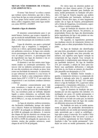 6-85
METAIS NÃO FERROSOS DE UTILIZA-
ÇÃO AERONÁUTICA
O termo "não ferroso" se refere a metais
que tenham outros elementos, que não o ferro,
como base da liga ou como principal constituin-
te. Esse grupo inclui metais como alumínio, ti-
tânio, cobre e magnésio, bem como ligas metáli-
cas como MONEL e BABBIT.
Alumínio e ligas de alumínio
O alumínio comercialmente puro é um
metal branco, lustroso, que ocupa o segundo lu-
gar na escala de maleabilidade; sexto em ductili-
dade, e uma boa posição em resistência à corro-
são.
Ligas de alumínio, nas quais o principal
ingrediente seja o magnésio, o manganês, o
cromo ou o silício, apresentam alguns desgastes
em ambientes corrosivos. Já ligas com conside-
ráveis percentagens de cobre são mais susceptí-
veis ao ataque corrosivo. A percentagem total
de ingredientes nas ligas de alumínio é da or-
dem de 6% a 7% (em média).
O alumínio é um dos metais mais larga-
mente usados na construção aeronáutica. Tor-
nou-se vital na indústria aeronáutica por causa
de sua alta resistência em relação ao peso, bem
como sua facilidade de manuseio. A característi-
ca que sobressai no alumínio é a sua leveza. O
alumínio se funde a uma temperatura relativa-
mente baixa 650º C (1250º F). É um metal não
magnetizável e um excelente condutor (térmico
e elétrico).
O alumínio comercialmente puro tem
uma resistência à tração de cerca de 13.000
p.s.i., mas se sofrer processo de conformação a
frio, sua resistência pode ser dobrada. Quando
ligado a outros elementos, ou sofrendo trata-
mento térmico, a resistência à tração pode subir
até 65.000 p.s.i., ou seja, na mesma faixa do aço
estrutural.
As ligas de alumínio, embora resistentes,
são facilmente trabalhadas, porque são maleá-
veis e dúcteis. Podem ser laminadas em chapas
até 0,0017 de polegada ou trefiladas em arames
de 0,004 de polegada em diâmetro. A maioria
das chapas de liga de alumínio em estoque usa-
das na construção aeronáutica, situa-se na faixa
de 0,016 a 0,096 de polegada de espessura; en-
tretanto, muitas das grandes aeronaves, usam
chapas de até 0,356 de polegada.
Os vários tipos de alumínio podem ser
divididos em duas classes gerais: (1) ligas de
fundição (aquelas indicadas para fundição em
areia, molde permanente ou fundição sob pres-
são); (2) ligas de forjaria (aquelas que podem
ser conformadas por laminação, trefilação ou
forjaria). Desses dois tipos, os mais largamente
usados são as ligas de forjaria, principalmente
sob a forma de longarinas, revestimentos, supor-
tes, rebites e seções extrudadas.
Ligas de fundição de alumínio são divi-
didas em dois grupos básicos. No primeiro; as
propriedades físicas das ligas são determinadas
pelos ingredientes da liga e não podem ser mu-
dadas após a fundição do metal.
No segundo; os ingredientes permitem
sua mudança através de tratamento térmico do
fundido, para se obter propriedades físicas dese-
jadas.
As ligas de fundição são identificadas
por uma letra, precedendo o número de classifi-
cação da liga. Quando uma letra preceder um
número, isso significa uma ligeira variação na
composição da liga original. Essa variação na
composição é simplesmente para destacar algu-
ma qualidade desejável. Na liga de fundição
214, por exemplo, a adição de zinco para me-
lhorar suas qualidades deficientes é indicada
pela letra A, em frente ao número de classifica-
ção, passando sua designação a A 214.
Quando os fundidos forem tratados a
quente, o tratamento térmico e a composição do
fundido é indicada pela letra T, seguida pelo
número de classificação da liga. Um exemplo
disso é a liga de fundição 355, a qual tem várias
composições e tratamentos diferentes, e é desi-
gnada por 355-T6, 355-T51 ou C355-T51.
Ligas de alumínio de fundição são pro-
duzidas por um dos seguintes três métodos: (1)
moldagem em areia; (2) molde permanente; e
(3) fundição sob pressão. Na fundição do alu-
mínio deve ser levado em conta que, na maioria
dos casos, diferentes tipos de ligas são usadas
em diferentes processos de fundição.
Na fundição em areia ou molde perma-
nente as peças são produzidas derramando-se
metal fundido em um molde previamente prepa-
rado, permitindo que o metal se solidifique -
logo após a peça é removida. Se o molde é feito
de areia, a fundição é dita "em areia"; se o mol-
de é metálico (geralmente de ferro fundido), a
fundição é dita "em molde permanente". Fun-
dição em areia ou molde permanente, são pro-
 