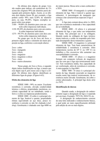 6-87
Os últimos dois dígitos do grupo 1xxx
são usados para indicar, em centésimos de 1%
acima dos originais 99% (de alumínio puro) de-
signado pelo primeiro dígito. Assim, se os últi-
mos dois dígitos forem 30, por exemplo, a liga
poderá conter 99% mais 0,30% de alumínio
puro, ou seja, 99,30%. Alguns exemplos se-
guem sobre esse grupo:
1100 - 99,00% de alumínio puro com um con-
trole sobre impurezas individuais.
1130 -99,30% de alumínio puro com um contro-
le sobre impurezas individuais.
1275 - 99,75% de alumínio puro com dois con-
troles sobre impurezas individuais.
No grupo que vai de 2xxx até 8xxx, o
primeiro dígito indica o elemento de maior pro-
porção na liga, conforme a convenção abaixo:
2xxx - cobre
3xxx - manganês
4xxx - silício
5xxx - magnésio
6xxx - magnésio e silício
7xxx - zinco
8xxx - outros elementos
Nesse grupo, de 2xxx a 8xxx, o segundo
dígito indica modificações na liga, a menos que
esse dígito seja 0, pois nesse caso a liga é a ori-
ginal. Os últimos dois dígitos identificam as
diferentes ligas do grupo. (Figura 6-63).
Efeito dos elementos de liga
SÉRIE 1000 - 99% ou maior. Excelente
resistência à corrosão, elevada condutividade
térmica e elétrica, propriedades mecânicas, ex-
celente capacidade de ser trabalhado, sendo o
ferro e o silíco as impurezas predominantes.
SÉRIE 2000 - O cobre é o principal ele-
mento de liga. Instável a quente, propriedades
ótimas equivalendo ao aço doce, pouco re-
sistência à corrosão se não for cladeada (clad-
ding). Geralmente é cladeada com liga 6000 ou
de maior pureza. Dessa série a mais conhecida é
a 2024.
SÉRIE 3000 - O manganês é o principal
elemento de liga. Não é tratável a quente (ge-
ralmente). A percentagem de manganês que
começa a dar características especiais à liga é
de 1,5%.
A liga mais comum dessa série é a 3003,
que tem resistência moderada e boa capacidade
de ser trabalhada.
SÉRIE 4000 - O silício é o principal
elemento de liga, o que reduz sua temperatura
de fusão. Seu principal uso é na soldagem.
Quando usada na soldagem de ligas termica-
mente tratáveis, a solda vai responder pelo limi-
tado desempenho desse tratamento a quente.
SÉRIE 5000 - O magnésio é o principal
elemento de liga. Tem boas características de
soldabilidade e resistência à corrosão. Altas
temperaturas (acima de 65º C ou 150º C) ou
trabalhos a frio excessivos irão aumentar sua
susceptibilidade à corrosão.
SÉRIE 6000 - O silício e o magnésio
formam um composto (silicato de magnésio)
que faz com que a liga seja termicamente tratá-
vel. Tem resistência média, boa capacidade de
ser conformado, além de resistência à corrosão.
A mais popular é a liga 6061.
SÉRE 7000 - O zinco é o principal ele-
mento da liga. Quando associado ao magnésio
resulta numa liga tratável termicamente, de re-
sistência muito elevada. Geralmente, há cobre e
cromo adicionados. A principal liga desta série
é a 7075.
Identificação de dureza
Quando usada, a designação do endure-
cimento segue a designação da liga e é separada
por um traço. Exemplo: 7075-T6, 2024-T4, etc.
A designação do endurecimento consiste
de uma letra indicando o endurecimento básico,
o qual pode ser mais especificamente definido
pela adição de um ou mais dígitos.
 