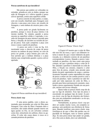 6-9
Porcas autofreno de aço inoxidável
São porcas que podem ser colocadas ou
retiradas, girando-as com os dedos, porque sua
ação de frenagem só é efetiva quando a porca
estiver apertada, contra uma superfície sólida.
A porca consiste de duas partes; o corpo,
com um ressalto chanfrado para frenagem com
chaveta e uma peça com rosca; um ressalto de
frenagem, e uma ranhura de encaixe para a cha-
veta.
A porca pode ser girada facilmente no
parafuso, porque a rosca da peça interna é da
mesma medida. No entanto, quando a porca
encosta na superfície sólida e é apertada, o res-
salto de frenagem da peça interna é puxado para
baixo, e forçado, de encontro ao ressalto do cor-
po da porca. Esta ação comprime a peça com
rosca e causa o aperto do parafuso.
A porca em corte é vista na fig. 6-8,
mostrando como a chaveta do corpo da porca
encaixa na ranhura da peça interna, no caso da
porca ser girada, a peça interna gira com ela.
Isso permite que a ranhura diminua e a peça
interna seja comprimida quando a porca estiver
apertada.
Figura 6-8 Porcas autofreno de aço inoxidável.
Porca elastic stop
É uma porca padrão, com a altura au-
mentada, para acomodar um colar de fibra para
frenagem. Este colar de fibra é bastante duro e
resistente, não sendo afetado quando imerso em
água quente ou fria, ou em solventes comuns
como éter, tetracloreto de carbono, óleos ou ga-
solina. O colar não causa danos à rosca ou à
camada protetora do parafuso.
Figura 6-9 Porcas “Elastic Stop”.
A Figura 6-9 mostra que o colar de fibra
não tem fios de rosca, e que o seu diâmetro in-
terno é menor do que o maior diâmetro da parte
roscada, ou o diâmetro externo de um parafuso
correspondente à porca. Quando a porca é atar-
rachada ao parafuso, ela atua como uma porca
comum, até que o parafuso atinja o colar de fi-
bra. Quando o parafuso é atarraxado no colar de
fibra, a fricção (ou arrasto), empurra o colar
para fora da porca, criando uma pressão para
dentro da parte suportadora de carga e, automa-
ticamente forçando a parte suportadora de carga
da porca a entrar em um contato positivo com a
rosca do parafuso. Após o parafuso ter sido for-
çado por toda espessura do colar de fibra, a
pressão para baixo permanecerá constante, man-
tendo a porca seguramente frenada em sua posi-
ção, mesmo sob severa vibração.
Quase todas as porcas elastic stop são de
aço ou liga de alumínio. Esse tipo de porca é
encontrado em qualquer tipo de metal. As por-
cas elastic stop de liga de alumínio são forneci-
das com um acabamento anodizado e as de aço,
com banho de cádmio.
Normalmente, as porcas elastic stop po-
dem ser usadas muitas vezes, em completa se-
gurança, sem perderem sua eficiência de frena-
gem. Quando reutilizar uma porca elastic stop,
certifique-se de que a fibra não perdeu sua ca-
pacidade de frenagem, nem se tornou quebra-
diça. Se uma porca desse tipo puder ser girada,
até o fim com os dedos, deve ser substituída.
 