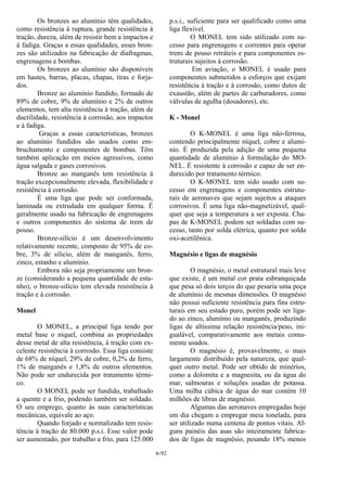 6-92
Os bronzes ao alumínio têm qualidades,
como resistência à ruptura, grande resistência à
tração, dureza, além de resistir bem a impactos e
à fadiga. Graças a essas qualidades, esses bron-
zes são utilizados na fabricação de diafragmas,
engrenagens e bombas.
Os bronzes ao alumínio são disponíveis
em hastes, barras, placas, chapas, tiras e forja-
dos.
Bronze ao alumínio fundido, formado de
89% de cobre, 9% de alumínio e 2% de outros
elementos, tem alta resistência à tração, além de
ductilidade, resistência à corrosão, aos impactos
e à fadiga.
Graças a essas características, bronzes
ao alumínio fundidos são usados como em-
bruchamento e componentes de bombas. Têm
também aplicação em meios agressivos, como
água salgada e gases corrosivos.
Bronze ao manganês tem resistência à
tração excepcionalmente elevada, flexibilidade e
resistência à corrosão.
É uma liga que pode ser conformada,
laminada ou extrudada em qualquer forma. É
geralmente usado na fabricação de engrenagens
e outros componentes do sistema de trem de
pouso.
Bronze-silício é um desenvolvimento
relativamente recente, composto de 95% de co-
bre, 3% de silício, além de manganês, ferro,
zinco, estanho e alumínio.
Embora não seja propriamente um bron-
ze (considerando a pequena quantidade de esta-
nho), o bronze-silício tem elevada resistência à
tração e à corrosão.
Monel
O MONEL, a principal liga tendo por
metal base o níquel, combina as propriedades
desse metal de alta resistência, à tração com ex-
celente resistência à corrosão. Essa liga consiste
de 68% de níquel, 29% de cobre, 0,2% de ferro,
1% de manganês e 1,8% de outros elementos.
Não pode ser endurecida por tratamento térmi-
co.
O MONEL pode ser fundido, trabalhado
a quente e a frio, podendo também ser soldado.
O seu emprego, quanto às suas características
mecânicas, equivale ao aço.
Quando forjado e normalizado tem resis-
tência à tração de 80.000 p.s.i. Esse valor pode
ser aumentado, por trabalho a frio, para 125.000
p.s.i., suficiente para ser qualificado como uma
liga flexível.
O MONEL tem sido utilizado com su-
cesso para engrenagens e correntes para operar
trens de pouso retráteis e para componentes es-
truturais sujeitos à corrosão.
Em aviação, o MONEL é usado para
componentes submetidos a esforços que exijam
resistência á tração e à corrosão, como dutos de
exaustão, além de partes de carburadores, como
válvulas de agulha (dosadores), etc.
K - Monel
O K-MONEL é uma liga não-ferrosa,
contendo principalmente níquel, cobre e alumí-
nio. É produzida pela adição de uma pequena
quantidade de alumínio à formulação do MO-
NEL. É resistente à corrosão e capaz de ser en-
durecido por tratamento térmico.
O K-MONEL tem sido usado com su-
cesso em engrenagens e componentes estrutu-
rais de aeronaves que sejam sujeitos a ataques
corrosivos. É uma liga não-magnetizável, qual-
quer que seja a temperatura a ser exposta. Cha-
pas de K-MONEL podem ser soldadas com su-
cesso, tanto por solda elétrica, quanto por solda
oxi-acetilênica.
Magnésio e ligas de magnésio
O magnésio, o metal estrutural mais leve
que existe, é um metal cor prata esbranquiçada
que pesa só dois terços do que pesaria uma peça
de alumínio de mesmas dimensões. O magnésio
não possui suficiente resistência para fins estru-
turais em seu estado puro, porém pode ser liga-
do ao zinco, alumínio ou manganês, produzindo
ligas de altíssima relação resistência/peso, ini-
gualável, comparativamente aos metais comu-
mente usados.
O magnésio é, provavelmente, o mais
largamente distribuído pela natureza, que qual-
quer outro metal. Pode ser obtido de minérios,
como a dolomita e a magnesita, ou da água do
mar, salmouras e soluções usadas de potassa.
Uma milha cúbica de água do mar contém 10
milhões de libras de magnésio.
Algumas das aeronaves empregadas hoje
em dia chegam a empregar meia tonelada, para
ser utilizado numa centena de pontos vitais. Al-
guns painéis das asas são inteiramente fabrica-
dos de ligas de magnésio, pesando 18% menos
 