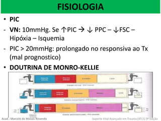 FISIOLOGIA
• PIC
- VN: 10mmHg. Se ↑PIC  ↓ PPC – ↓FSC –
Hipóxia – Isquemia
- PIC > 20mmHg: prolongado no responsiva ao Tx
(mal prognostico)
• DOUTRINA DE MONRO-KELLIE
Acad.: Marcelo de Morais Rosendo Suporte Vital Avançado em Trauma (ATLS) 9ª Edição
 
