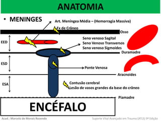 ANATOMIA
• MENINGES
Osso
Duramadre
Aracnoides
Piamadre
EED
ESD
ESA
Art. Meníngea Média – (Hemorragia Massiva)
Seno venoso Sagital
Seno Venoso Transversos
Seno venoso Sigmoides
Fx de Crâneo
ENCÉFALO
Ponte Venosa
Contusão cerebral
Lesão de vasos grandes da base do crâneo
Acad.: Marcelo de Morais Rosendo Suporte Vital Avançado em Trauma (ATLS) 9ª Edição
 