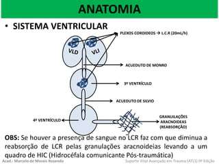 ANATOMIA
• SISTEMA VENTRICULAR
PLEXOS COROIDEOS  L.C.R (20mL/h)
ACUEDUTO DE MONRO
ACUEDUTO DE SILVIO
3º VENTRÍCULO
4º VENTRÍCULO
GRANUILAÇÕES
ARACNOIDEAS
(REABSORÇÃO)
OBS: Se houver a presença de sangue no LCR faz com que diminua a
reabsorção de LCR pelas granulações aracnoideias levando a um
quadro de HIC (Hidrocéfala comunicante Pós-traumática)
Acad.: Marcelo de Morais Rosendo Suporte Vital Avançado em Trauma (ATLS) 9ª Edição
 