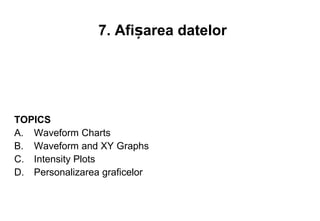 7. Afișarea datelor




TOPICS
A. Waveform Charts
B. Waveform and XY Graphs
C. Intensity Plots
D. Personalizarea graficelor
 