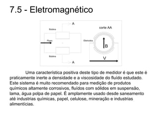 7.5 - Eletromagnético
Uma característica positiva deste tipo de medidor é que este é
praticamente inerte a densidade e a viscosidade do fluído estudado.
Este sistema é muito recomendado para medição de produtos
químicos altamente corrosivos, fluídos com sólidos em suspensão,
lama, água polpa de papel. É amplamente usado desde saneamento
até industrias químicas, papel, celulose, mineração e industrias
alimentícias.
 