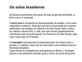 Os solos brasileiros
No Brasil encontramos dois tipos de solo de grande fertilidade: a
terra roxa e o massapê.

A terra roxa é resultante da decomposição do basalto, uma rocha
magmática vulcânica. Esse tipo de solo é encontrado em maiores
extensões nos estados do Paraná e de São Paulo. Nele, cultiva-
se, desde o século XIX, o café, que vem sendo gradativamente
substituído pela cana-de-açúcar (no Paraná e em São Paulo), pela
soja e pelo trigo (no Paraná).

O massapê é proveniente da decomposição de rochas como o
granito e o calcário. Esse tipo de solo cobre uma extensa faixa do
Nordeste brasileiro.
Logo depois da chegada dos portugueses ao Brasil, o massapê
passou a ser bastante utilizado para o cultivo da cana-de-açúcar.
 
