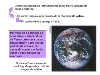 Durante o processo de resfriamento da Terra, houve liberação de
   gases e vapores.

    Eles deram origem a uma camada de ar chamada atmosfera.

             Que envolve e protege a Terra.




                                      LatinStock
Por volta de 4,6 bilhões de
anos atrás, a temperatura
da Terra começou a baixar,
dando origem a um grande
período de chuvas, por
causa da condensação do
vapor d’água contido na
atmosfera.

    O planeta Terra atualmente,
   em fotografia gerada a partir de
         imagem de satélite.
 