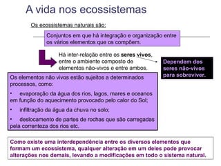 A vida nos ecossistemas
        Os ecossistemas naturais são:
               Conjuntos em que há integração e organização entre
               os vários elementos que os compõem.

                    Há inter-relação entre os seres vivos,
                    entre o ambiente composto de             Dependem dos
                    elementos não-vivos e entre ambos.       seres não-vivos
Os elementos não vivos estão sujeitos a determinados         para sobreviver.
processos, como:
• evaporação da água dos rios, lagos, mares e oceanos
em função do aquecimento provocado pelo calor do Sol;
•   infiltração da água da chuva no solo;
• deslocamento de partes de rochas que são carregadas
pela correnteza dos rios etc.

Como existe uma interdependência entre os diversos elementos que
formam um ecossistema, qualquer alteração em um deles pode provocar
alterações nos demais, levando a modificações em todo o sistema natural.
 