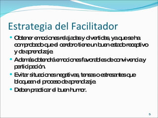 Estrategia del Facilitador Obtener emociones relajadas y divertidas, ya que se ha comprobado que el cerebro tiene un buen estado receptivo y de aprendizaje. Además obtendrá emociones favorables de convivencia y participación. Evitar situaciones negativas, tensas o estresantes que bloquean el proceso de aprendizaje. Deben practicar el buen humor. 