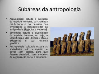 Subáreas da antropologiaArqueologia: estuda a evolução da espécie humana, da chamada pré-história e do passado das civilizações já desaparecidas da antiguidade. (Egípcios e Hebreus)Etnologia: estuda a diversidade da espécie humana, ou seja, a identificação das diversas etnias existentes e sua herança genética.Antropologia cultural: estuda as sociedades não europeias e povos sem escrita, para que fossem desvelado seus modelos de organização social e dinâmica.