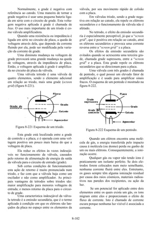 8-102
Normalmente, a grade é negativa com
referência ao catodo. Uma maneira de tornar a
grade negativa é usar uma pequena bateria liga-
da em série com o circuito de grade. Esta volta-
gem negativa aplicada à grade é chamada de
bias. O uso mais importante de um triodo é co-
mo válvula amplificadora.
Quando uma resistência ou impedância é
ligada em série no circuito de placa, a queda de
voltagem através dela, que depende da corrente
fluindo por ela, pode ser modificada pela varia-
ção da corrente de grade.
Uma diminuta mudança na voltagem de
grade provocará uma grande mudança na queda
de voltagem, através da impedância de placa.
Então, a voltagem aplicada à grade é amplifica-
da no circuito de placa da válvula.
Uma válvula tetrodo é uma válvula de
quatro elementos, sendo o elemento adicional
em relação ao triodo, mais uma grade (screen
grid) (figura 8-221).
Figura 8-221 Esquema de um triodo.
Esta grade está localizada entre a grade
de controle e a placa, e é operada com uma vol-
tagem positiva um pouco mais baixa do que a
voltagem de placa.
Ela reduz os efeitos às vezes indesejá-
veis no funcionamento da válvula, causados
pelo retorno de alimentação de energia da saída
da válvula para o circuito de entrada (grade).
Sob certas condições de funcionamento
esta ação de retorno é muito pronunciada num
triodo, e faz com que a válvula haja como um
oscilador e não como amplificador. As princi-
pais vantagens de tetrodos sobre triodos são:
maior amplificação para menores voltagens de
entrada; e menos retorno da placa para o circui-
to de grade.
Uma característica indesejável da válvu-
la tetrodo é a emissão secundária, que é o termo
aplicado à condição em que os elétrons são lan-
çados da placa no espaço entre os elementos da
válvula, por seu movimento rápido de colisão
com a placa.
Em válvulas triodo, sendo a grade nega-
tiva em relação ao catodo, ela repele os elétrons
secundários e o funcionamento da válvula não é
afetado.
No tetrodo, o efeito da emissão secundá-
ria é especialmente perceptível, já que a “screen
grid”, que é positiva em relação ao catodo, atrai
os elétrons secundários e provoca uma corrente
reversa entre a “screen grid” e a placa.
Os efeitos da emissão secundária são
evitados quando se acrescenta uma terceira gra-
de, chamada grade supressora, entre a “screen
grid” e a placa. Esta grade repele os elétrons
secundários que se direcionam para a placa.
Uma válvula com três grades é chamada
de pentodo, o qual possui um elevado fator de
amplificação e é usado para amplificar sinais
fracos. O esquema de um pentodo é mostrado na
figura 8-222.
Figura 8-222 Esquema de um pentodo.
Quando um elétron encontra uma molé-
cula de gás, a energia transferida pelo impacto
causa à molécula (ou átomo) perda ou ganho de
um ou mais elétrons. Consequentemente, a ioni-
zação ocorre.
Qualquer gás ou vapor não tendo ions é
praticamente um isolante perfeito. Se dois ele-
trodos forem colocados num meio semelhante,
nenhuma corrente fluirá entre eles. Entretanto,
os gases sempre têm alguma ionização residual
por causa dos raios cósmicos, materiais radioa-
tivos nas paredes dos recipientes, ou ação da
luz.
Se um potencial for aplicado entre dois
elementos entre os quais exista um gás, os íons
migram entre eles e proporcionam o efeito de
fluxo de corrente. Isto é chamado de corrente
escura porque nenhuma luz visível é associada a
corrente.
 