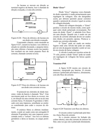8-105
As lacunas se movem em direção ao
terminal negativo da bateria. Isso é chamado de
direção avançada, e é uma alta corrente.
Figura 8-226 Fluxo de elétrons e de lacunas em
um diodo com direção avançada.
Conectando a bateria, como mostrado na
figura 8-227, causará às lacunas e aos elétrons a
atração no caminho da junção, e pequena intera-
ção entre elétrons e lacunas ocorre (na junção).
Isto resultará em um muito pequeno fluxo de
corrente, chamado corrente reversa.
Figura 8-227 Fluxo de elétrons e de lacunas em
um diodo com corrente reversa.
O potencial nos eletrodos do diodo tran-
sistor, vindo da bateria é chamado “Bias”. Este
movimento pode ser bias direto ou reverso, isto
é, em direção de uma corrente alta ou na de uma
corrente baixa. O elemento N-germânio é fabri-
cado com uma impureza, semelhante ao arsêni-
co contribuindo para ceder o excesso de elé-
trons.
O arsênico libera os elétrons imediata-
mente, e pode ser usado como um carregador O
elemento P-germânio tem uma impureza acres-
centada como o “indium”. Isso leva os elétrons
germânios e deixa as lacunas, ou cargas positi-
vas.
Diodo “Zener”
Diodo “Zener” (algumas vezes chamado
de diodo separador) é usado primariamente para
regulagem de voltagem. Eles são designados
assim, por abrirem (permitir passar corrente)
quando o potencial do circuito é igual ou acima
da voltagem desejada.
Abaixo da voltagem desejada, o “Zener”
paralisa o circuito do mesmo modo, como qual-
quer outro diodo polarizado reversamente. Por
causa do diodo ‘Zener”, é admitido livre fluxo
em uma direção. Quando este é usado em um
circuito de corrente alternada devem ser usados
dois diodos em posições opostas. Presta-se a-
tenção nas correntes alternadas.
O “Zener” pode ser usado em muitos
lugares onde uma válvula não pode ser usada,
por ser este de pequeno tamanho e pode ser usa-
do em circuito de baixa voltagem.
A válvula é usada nos circuitos acima de
75 volts, porém o diodo “Zener” pode ser usado
em regulagens de voltagens tão baixas quanto
3,5 volts.
Transistor PNP
A figura 8-228 mostra um circuito de
transistor, energizado por baterias. O circuito
emissor é polarizado pela bateria e, diretamente,
com alto fluxo de corrente.
Figura 8-228 Transistor com fluxo de elétrons.
O circuito coletor é polarizado pela bate-
ria e baixo fluxo de corrente.
Se o circuito emissor for fechado (do
coletor aberto), uma alta corrente do emissor irá
fluir, uma vez que este é polarizado diretamente.
 