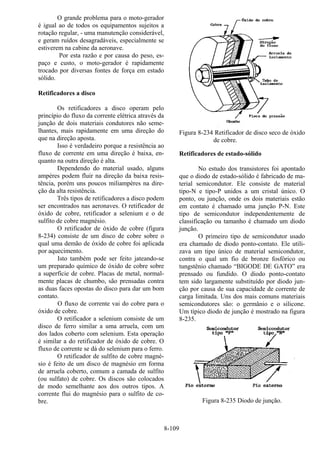 8-109
O grande problema para o moto-gerador
é igual ao de todos os equipamentos sujeitos a
rotação regular, - uma manutenção considerável,
e geram ruídos desagradáveis, especialmente se
estiverem na cabine da aeronave.
Por esta razão e por causa do peso, es-
paço e custo, o moto-gerador é rapidamente
trocado por diversas fontes de força em estado
sólido.
Retificadores a disco
Os retificadores a disco operam pelo
princípio do fluxo da corrente elétrica através da
junção de dois materiais condutores não seme-
lhantes, mais rapidamente em uma direção do
que na direção aposta.
Isso é verdadeiro porque a resistência ao
fluxo de corrente em uma direção é baixa, en-
quanto na outra direção é alta.
Dependendo do material usado, alguns
ampères podem fluir na direção da baixa resis-
tência, porém uns poucos miliampères na dire-
ção da alta resistência.
Três tipos de retificadores a disco podem
ser encontrados nas aeronaves. O retificador de
óxido de cobre, retificador a selenium e o de
sulfito de cobre magnésio.
O retificador de óxido de cobre (figura
8-234) consiste de um disco de cobre sobre o
qual uma demão de óxido de cobre foi aplicada
por aquecimento.
Isto também pode ser feito jateando-se
um preparado químico de óxido de cobre sobre
a superfície de cobre. Placas de metal, normal-
mente placas de chumbo, são prensadas contra
as duas faces opostas do disco para dar um bom
contato.
O fluxo de corrente vai do cobre para o
óxido de cobre.
O retificador a selenium consiste de um
disco de ferro similar a uma arruela, com um
dos lados coberto com selenium. Esta operação
é similar a do retificador de óxido de cobre. O
fluxo de corrente se dá do selenium para o ferro.
O retificador de sulfito de cobre magné-
sio é feito de um disco de magnésio em forma
de arruela coberto, comum a camada de sulfito
(ou sulfato) de cobre. Os discos são colocados
de modo semelhante aos dos outros tipos. A
corrente flui do magnésio para o sulfito de co-
bre.
Figura 8-234 Retificador de disco seco de óxido
de cobre.
Retificadores de estado-sólido
No estudo dos transistores foi apontado
que o diodo de estado-sólido é fabricado de ma-
terial semicondutor. Ele consiste de material
tipo-N e tipo-P unidos a um cristal único. O
ponto, ou junção, onde os dois materiais estão
em contato é chamado uma junção P-N. Este
tipo de semicondutor independentemente de
classificação ou tamanho é chamado um diodo
junção.
O primeiro tipo de semicondutor usado
era chamado de diodo ponto-contato. Ele utili-
zava um tipo único de material semicondutor,
contra o qual um fio de bronze fosfórico ou
tungstênio chamado “BIGODE DE GATO” era
prensado ou fundido. O diodo ponto-contato
tem sido largamente substituído por diodo jun-
ção por causa de sua capacidade de corrente de
carga limitada. Uns dos mais comuns materiais
semicondutores são: o germânio e o silicone.
Um típico diodo de junção é mostrado na figura
8-235.
Figura 8-235 Diodo de junção.
 