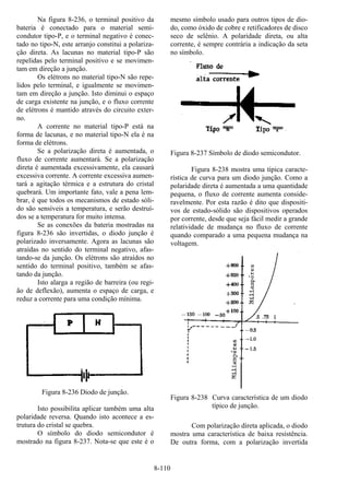 8-110
Na figura 8-236, o terminal positivo da
bateria é conectado para o material semi-
condutor tipo-P, e o terminal negativo é conec-
tado no tipo-N, este arranjo constitui a polariza-
ção direta. As lacunas no material tipo-P são
repelidas pelo terminal positivo e se movimen-
tam em direção a junção.
Os elétrons no material tipo-N são repe-
lidos pelo terminal, e igualmente se movimen-
tam em direção a junção. Isto diminui o espaço
de carga existente na junção, e o fluxo corrente
de elétrons é mantido através do circuito exter-
no.
A corrente no material tipo-P está na
forma de lacunas, e no material tipo-N ela é na
forma de elétrons.
Se a polarização direta é aumentada, o
fluxo de corrente aumentará. Se a polarização
direta é aumentada excessivamente, ela causará
excessiva corrente. A corrente excessiva aumen-
tará a agitação térmica e a estrutura do cristal
quebrará. Um importante fato, vale a pena lem-
brar, é que todos os mecanismos de estado sóli-
do são sensíveis a temperatura, e serão destruí-
dos se a temperatura for muito intensa.
Se as conexões da bateria mostradas na
figura 8-236 são invertidas, o diodo junção é
polarizado inversamente. Agora as lacunas são
atraídas no sentido do terminal negativo, afas-
tando-se da junção. Os elétrons são atraídos no
sentido do terminal positivo, também se afas-
tando da junção.
Isto alarga a região de barreira (ou regi-
ão de deflexão), aumenta o espaço de carga, e
reduz a corrente para uma condição mínima.
Figura 8-236 Diodo de junção.
Isto possibilita aplicar também uma alta
polaridade reversa. Quando isto acontece a es-
trutura do cristal se quebra.
O símbolo do diodo semicondutor é
mostrado na figura 8-237. Nota-se que este é o
mesmo símbolo usado para outros tipos de dio-
do, como óxido de cobre e retificadores de disco
seco de selênio. A polaridade direta, ou alta
corrente, é sempre contrária a indicação da seta
no símbolo.
Figura 8-237 Símbolo de diodo semicondutor.
Figura 8-238 mostra uma típica caracte-
rística de curva para um diodo junção. Como a
polaridade direta é aumentada a uma quantidade
pequena, o fluxo de corrente aumenta conside-
ravelmente. Por esta razão é dito que dispositi-
vos de estado-sólido são dispositivos operados
por corrente, desde que seja fácil medir a grande
relatividade de mudança no fluxo de corrente
quando comparado a uma pequena mudança na
voltagem.
Figura 8-238 Curva característica de um diodo
típico de junção.
Com polarização direta aplicada, o diodo
mostra uma característica de baixa resistência.
De outra forma, com a polarização invertida
 