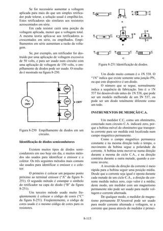 8-115
Se for necessário aumentar a voltagem
aplicada para mais do que um simples retifica-
dor pode tolerar, a solução usual é empilhá-los.
Estes retificadores são similares aos resistores
acrescentados em série.
Em cada resistor cairá uma porção da
voltagem aplicada, menor que a voltagem total.
A mesma teoria aplica-se aos retificadores a-
crescentados em série, ou empilhados. Empi-
lhamentos em série aumentam a razão da volta-
gem.
Se, por exemplo, um retificador for des-
truído por uma aplicação de voltagem excessiva
de 50 volts, e para ser usado num circuito com
uma aplicação de voltagem de 150 volts, o em-
pilhamento de diodos pode ser usado. O resulta-
do é mostrado na figura 8-250.
Figura 8-250 Empilhamento de diodos em um
circuito.
Identificação de diodos semicondutores
Existem muitos tipos de diodos semi-
condutores em uso hoje em dia, e muitos méto-
dos são usados para identificar o emissor e o
coletor. Os três seguintes métodos mais comuns
são usados para identificar o emissor e o cole-
tor:
O primeiro é colocar um pequeno ponto
próximo ao terminal emissor (“A” da figura 8-
251). O segundo método é estampar o símbolo
do retificador na capa do diodo (“B” da figura
8-251).
Um terceiro método usado muito fre-
qüentemente é colocar o código de cores (“C”
da figura 8-251). Freqüentemente, o código de
cores usado é o mesmo código de cores para os
resistores.
Figura 8-251 Identificação de diodos.
Um diodo muito comum é o 1N 538. O
“1N” indica que existe somente uma junção PN,
ou que este dispositivo é um diodo.
O número que se segue, normalmente
indica a sequência de fabricação. Isto é: o 1N
537 foi desenvolvido antes do 1N 538, que pode
ser um modelo melhorado de um IN 537, ou
pode ser um diodo totalmente diferente como
um todo.
INSTRUMENTOS DE MEDIÇÃO C.A.
Um medidor C.C, como um ohmímetro,
conectado num circuito C.A. indicará zero, por-
que a bobina móvel do ohmímetro que transpor-
ta corrente para ser medida está localizada num
campo magnético permanente.
Como o campo magnético permanece
constante e na mesma direção todo o tempo, o
movimento da bobina segue a polaridade da
corrente. A bobina tenta mover-se numa direção
durante a mesma do ciclo C.A., e na direção
contrária durante a outra metade, quando a cor-
rente inverte.
A inversão da direção da corrente é meio
rápida para a bobina seguir uma posição média.
Desde que a corrente seja igual e oposta durante
cada metade de um ciclo C.A., a direção da cor-
rente medida indica zero, cujo valor é a média;
deste modo, um medidor com um magnetismo
permanente não pode ser usado para medir vol-
tagem e corrente alternada.
De qualquer modo, o medidor de magne-
tismo permanente D’Arsonval pode ser usado
para medir corrente alternada e voltagem, se a
corrente que passa através do medidor é primei-
 