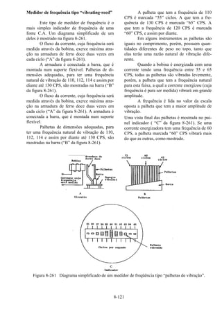 8-121
Medidor de frequência tipo “vibrating-reed”
Este tipo de medidor de frequência é o
mais simples indicador de frequência de uma
fonte C.A. Um diagrama simplificado de um
deles é mostrado na figura 8-261.
O fluxo da corrente, cuja frequência será
medida através da bobina, exerce máxima atra-
ção na armadura de ferro doce duas vezes em
cada ciclo (“A” da figura 8-261).
A armadura é conectada a barra, que é
montada num suporte flexível. Palhetas de di-
mensões adequadas, para ter uma frequência
natural de vibração de 110, 112, 114 e assim por
diante até 130 CPS, são mostradas na barra (“B”
da figura 8-261).
O fluxo da corrente, cuja frequência será
medida através da bobina, exerce máxima atra-
ção na armadura de ferro doce duas vezes em
cada ciclo (“A” da figura 8-261). A armadura é
conectada a barra, que é montada num suporte
flexível.
Palhetas de dimensões adequadas, para
ter uma frequência natural de vibração de 110,
112, 114 e assim por diante até 130 CPS, são
mostradas na barra (“B” da figura 8-261).
A palheta que tem a frequência de 110
CPS é marcada “55” ciclos. A que tem a fre-
quência de 130 CPS é marcada “65” CPS. A
que tem a frequência de 120 CPS é marcada
“60” CPS, e assim por diante.
Em alguns instrumentos as palhetas são
iguais no comprimento, porém, possuem quan-
tidades diferentes de peso no topo, tanto que
elas terão uma razão natural de vibração dife-
rente.
Quando a bobina é energizada com uma
corrente tendo uma frequência entre 55 e 65
CPS, todas as palhetas são vibradas levemente,
porém, a palheta que tem a frequência natural
para esta faixa, a qual a corrente energizou (cuja
frequência é para ser medida) vibrará em grande
amplitude.
A frequência é lida no valor da escala
oposta a palheta que tem a maior amplitude de
vibração.
Uma vista final das palhetas é mostrada no pai-
nel indicador ( “C” da figura 8-261). Se uma
corrente energizadora tem uma frequência de 60
CPS, a palheta marcada “60” CPS vibrará mais
do que as outras, como mostrado.
Figura 8-261 Diagrama simplificado de um medidor de freqüência tipo “palhetas de vibração”.
 