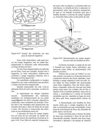 8-35
Figura 8-83 Arranjo das moléculas em uma
peça de material magnético.
Esses imãs moleculares, cada qual pos-
sui um campo magnético, mas no estado des-
magnetizado as moléculas estão desarrumadas
ao longo da barra de ferro.
Se uma força magnetizadora for aplicada
em tal barra, como por exemplo, fricção com a
magnetita, os imãs moleculares alinhar-se-ão
conforme o campo magnético induzido. Isto é
ilustrado em B da figura 8-83.
Em semelhante configuração, os campos
magnéticos dos imãs combinaram para produzir
o campo total da barra magnetizada.
Quando manuseando um imã, evita-se
aplicação direta de calor e pancadas, ou deixá-lo
cair.
O aquecimento ou choque repentino
causará desalinhamento das moléculas,
resultando em enfraquecimento de seu poder
magnético.Quando um imã é estocado, dispositivos
conhecidos como armaduras de proteção ("kee-
per bars") são instalados para proporcionar um
caminho fácil para o fluxo de linhas de um pólo
a outro. Isto favorece a conservação das molé-
culas no seu alinhamento norte-sul.
A presença da força do campo magné-
tico em torno de um imã pode ser melhor de-
monstrada através da experiência ilustrada na fi-
gura 8-84. Uma folha de material transparente,
tal como vidro ou plástico, é colocada sobre um
imã (barra), e a limalha de ferro é salpicada va-
garosamente sobre esta cobertura transparente,
na qual se vai batendo levemente para que a
limalha desenhe o contorno do campo magnéti-
co, formando linhas entre os dois pólos do imã.
Figura 8-84 Demonstrando um campo magné-
tico por meio de limalhas de ferro.
Conforme mostrado, o campo de um imã
é formado por muitas forças individuais, que
aparecem como linhas na demonstração com
limalhas de ferro.
Embora não se trate de "linhas" no sen-
tido comum, essa palavra é usada para descrever
a particular natureza das forças separadas, cons-
tituindo o campo magnético como um todo. Es-
sas linhas de força também são mencionadas
como fluxo magnético. Elas são forças indivi-
duais e separadas, tendo em vista que uma linha
jamais cruza outra. Em verdade, elas de fato se
repelem. Elas se mantêm paralelas, umas com as
outras, e assemelham-se a estrias de borracha
estendidas, que são mantidas no lugar em torno
da barra pela força magnetizadora interna do
imã.
A demonstração com limalhas de ferro
mostra ainda que o campo magnético de um
imã, é concentrado em suas extremidades. Essas
áreas de concentração do fluxo são chamadas de
pólos norte e sul do imã.
Existe um limite para o número de linhas
de força que constituem o fluxo de um imã de
determinado tamanho. Quando uma força mag-
netizadora é aplicada a um pedaço de material
 