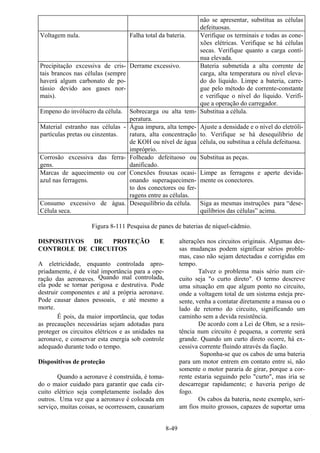 8-49
não se apresentar, substitua as células
defeituosas.
Voltagem nula. Falha total da bateria. Verifique os terminais e todas as cone-
xões elétricas. Verifique se há células
secas. Verifique quanto a carga contí-
nua elevada.
Precipitação excessiva de cris-
tais brancos nas células (sempre
haverá algum carbonato de po-
tássio devido aos gases nor-
mais).
Derrame excessivo. Bateria submetida a alta corrente de
carga, alta temperatura ou nível eleva-
do do líquido. Limpe a bateria, carre-
gue pelo método de corrente-constante
e verifique o nível do líquido. Verifi-
que a operação do carregador.
Empeno do invólucro da célula. Sobrecarga ou alta tem-
peratura.
Substitua a célula.
Material estranho nas células -
partículas pretas ou cinzentas.
Água impura, alta tempe-
ratura, alta concentração
de KOH ou nível de água
impróprio.
Ajuste a densidade e o nível do eletróli-
to. Verifique se há desequilíbrio de
célula, ou substitua a célula defeituosa.
Corrosão excessiva das ferra-
gens.
Folheado defeituoso ou
danificado.
Substitua as peças.
Marcas de aquecimento ou cor
azul nas ferragens.
Conexões frouxas ocasi-
onando superaquecimen-
to dos conectores ou fer-
ragens entre as células.
Limpe as ferragens e aperte devida-
mente os conectores.
Consumo excessivo de água.
Célula seca.
Desequilíbrio da célula. Siga as mesmas instruções para “dese-
quilíbrios das células” acima.
Figura 8-111 Pesquisa de panes de baterias de níquel-cádmio.
DISPOSITIVOS DE PROTEÇÃO E
CONTROLE DE CIRCUITOS
A eletricidade, enquanto controlada apro-
priadamente, é de vital importância para a ope-
ração das aeronaves. Quando mal controlada,
ela pode se tornar perigosa e destrutiva. Pode
destruir componentes e até a própria aeronave.
Pode causar danos pessoais, e até mesmo a
morte.
É pois, da maior importância, que todas
as precauções necessárias sejam adotadas para
proteger os circuitos elétricos e as unidades na
aeronave, e conservar esta energia sob controle
adequado durante todo o tempo.
Dispositivos de proteção
Quando a aeronave é construída, é toma-
do o maior cuidado para garantir que cada cir-
cuito elétrico seja completamente isolado dos
outros. Uma vez que a aeronave é colocada em
serviço, muitas coisas, se ocorressem, causariam
alterações nos circuitos originais. Algumas des-
sas mudanças podem significar sérios proble-
mas, caso não sejam detectadas e corrigidas em
tempo.
Talvez o problema mais sério num cir-
cuito seja "o curto direto". O termo descreve
uma situação em que algum ponto no circuito,
onde a voltagem total de um sistema esteja pre-
sente, venha a contatar diretamente a massa ou o
lado de retorno do circuito, significando um
caminho sem a devida resistência.
De acordo com a Lei de Ohm, se a resis-
tência num circuito é pequena, a corrente será
grande. Quando um curto direto ocorre, há ex-
cessiva corrente fluindo através da fiação.
Suponha-se que os cabos de uma bateria
para um motor entrem em contato entre si, não
somente o motor pararia de girar, porque a cor-
rente estaria seguindo pelo "curto", mas iria se
descarregar rapidamente; e haveria perigo de
fogo.
Os cabos da bateria, neste exemplo, seri-
am fios muito grossos, capazes de suportar uma
 