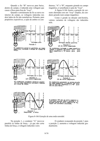 8-74
Quando o fio “B” move-se para baixo,
dentro do campo, é induzida uma voltagem que
causa o fluxo para fora do “loop”.
Quando o enrolamento de fio se move no
interior do campo, as voltagens induzidas nos
dois lados do fio são cumulativas. Portanto, para
propósitos expositivos, a ação de ambos os con-
dutores, “A” e “B”, enquanto girando no campo
magnético, é semelhante à ação do “loop”.
A figura 8-166 ilustra a geração de cor-
rente alternada com um “loop” simples, de con-
dutor girando num campo magnético.
Como é girado na direção anti-horária,
valores variantes de voltagens são induzidos
nele.
Figura 8-166 Geração de uma onda senoidal.
Na posição 1, o condutor “A” move-se
paralelo às linhas de força, - já que não corta
linhas de força, a voltagem induzida é zero.
O condutor avançando da posição 1 para
a posição 2, aumenta a voltagem induzida gra-
dualmente.
 