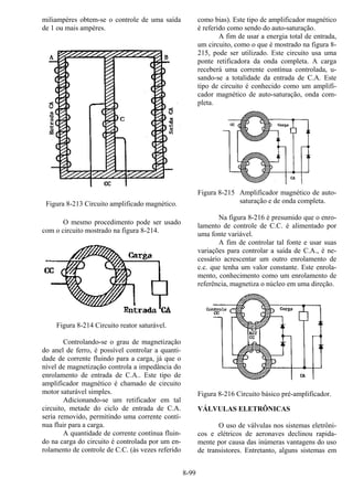 8-99
miliampères obtem-se o controle de uma saída
de 1 ou mais ampères.
Figura 8-213 Circuito amplificado magnético.
O mesmo procedimento pode ser usado
com o circuito mostrado na figura 8-214.
Figura 8-214 Circuito reator saturável.
Controlando-se o grau de magnetização
do anel de ferro, é possível controlar a quanti-
dade de corrente fluindo para a carga, já que o
nível de magnetização controla a impedância do
enrolamento de entrada de C.A.. Este tipo de
amplificador magnético é chamado de circuito
motor saturável simples.
Adicionando-se um retificador em tal
circuito, metade do ciclo de entrada de C.A.
seria removido, permitindo uma corrente contí-
nua fluir para a carga.
A quantidade de corrente contínua fluin-
do na carga do circuito é controlada por um en-
rolamento de controle de C.C. (às vezes referido
como bias). Este tipo de amplificador magnético
é referido como sendo do auto-saturação.
A fim de usar a energia total de entrada,
um circuito, como o que é mostrado na figura 8-
215, pode ser utilizado. Este circuito usa uma
ponte retificadora da onda completa. A carga
receberá uma corrente contínua controlada, u-
sando-se a totalidade da entrada de C.A. Este
tipo de circuito é conhecido como um amplifi-
cador magnético de auto-saturação, onda com-
pleta.
Figura 8-215 Amplificador magnético de auto-
saturação e de onda completa.
Na figura 8-216 é presumido que o enro-
lamento de controle de C.C. é alimentado por
uma fonte variável.
A fim de controlar tal fonte e usar suas
variações para controlar a saída de C.A., é ne-
cessário acrescentar um outro enrolamento de
c.c. que tenha um valor constante. Este enrola-
mento, conhecimento como um enrolamento de
referência, magnetiza o núcleo em uma direção.
Figura 8-216 Circuito básico pré-amplificador.
VÁLVULAS ELETRÔNICAS
O uso de válvulas nos sistemas eletrôni-
cos e elétricos de aeronaves declinou rapida-
mente por causa das inúmeras vantagens do uso
de transistores. Entretanto, alguns sistemas em
 