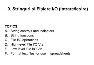 9. Stringuri și Fișiere I/O (Intrare/Ieșire)


TOPICS
A. String controls and indicators
B. String functions
C. File I/O operations
D. High-level File I/O VIs
E. Low-level File I/O VIs
F. Format text files for use in spreadsheets
 