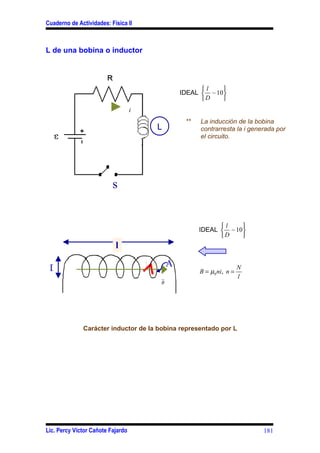 Cuaderno de Actividades: Física II



L de una bobina o inductor




                                                         l     
                                                   IDEAL  ~ 10 
                                                         D     
                                   i
                                                    **   La inducción de la bobina
                                           L             contrarresta la i generada por
                                                         el circuito.




                          s


                                                               l     
                                                         IDEAL  ~ 10 
                                                               D     
                           l

 D                                     i       A                          N
                                                         B = µ0 ni, n =
                                                                          l
                                           B




              Carácter inductor de la bobina representado por L




Lic. Percy Víctor Cañote Fajardo                                               181
 