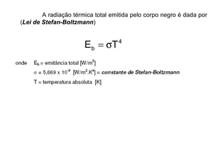 A radiação térmica total emitida pelo corpo negro é dada por
(Lei de Stefan-Boltzmann)
4
b TE σ=
 