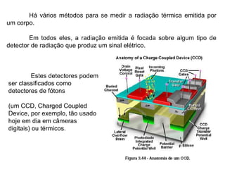 Há vários métodos para se medir a radiação térmica emitida por
um corpo.
Em todos eles, a radiação emitida é focada sobre algum tipo de
detector de radiação que produz um sinal elétrico.
Estes detectores podem
ser classificados como
detectores de fótons
(um CCD, Charged Coupled
Device, por exemplo, tão usado
hoje em dia em câmeras
digitais) ou térmicos.
 