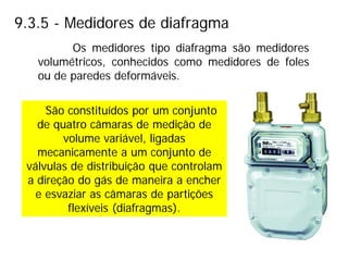 9.3.5 - Medidores de diafragma
São constituídos por um conjunto
de quatro câmaras de medição de
volume variável, ligadas
mecanicamente a um conjunto de
válvulas de distribuição que controlam
a direção do gás de maneira a encher
e esvaziar as câmaras de partições
flexíveis (diafragmas).
Os medidores tipo diafragma são medidores
volumétricos, conhecidos como medidores de foles
ou de paredes deformáveis.
 