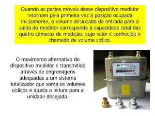 O movimento alternativo do
dispositivo medidor é transmitido
através de engrenagens
adequadas a um sistema
totalizador que soma os volumes
cíclicos e ajusta a leitura para a
unidade desejada.
Quando as partes móveis desse dispositivo medidor
retornam pela primeira vez à posição ocupada
inicialmente, o volume deslocado da entrada para a
saída do medidor corresponde à capacidade total das
quatro câmaras de medição, cujo valor é conhecido e
chamado de volume cíclico.
 