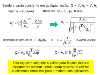 ρ
∆
=








−
p
2
A
A
V
V
2
1
2
2
2
2
2
Logo: V1 = V2 (A2/A1)
Sendo a vazão constante em qualquer seção:












−
ρ
∆
= 4
1
2
2
D
D
1
p
2
V
a vazão Q será:
Definindo as constantes β = D2/D1 e
4
1
1
E
β
−
=
p
2
E
A
Q 2
1 ∆
ρ
β
=
p
2
E
A
Q 2 ∆
ρ
=
Esta equação somente é válida para fluidos ideais e
escoamento laminar, sendo então necessário utilizar
coeficientes empíricos para a maioria das aplicações.
Q = V1 A1 = V2 A2
Utilizando ∆p = p1 - p2 , tem-se :
 