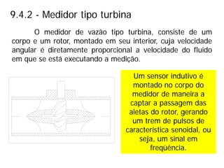 9.4.2 - Medidor tipo turbina
O medidor de vazão tipo turbina, consiste de um
corpo e um rotor, montado em seu interior, cuja velocidade
angular é diretamente proporcional a velocidade do fluido
em que se está executando a medição.
Um sensor indutivo é
montado no corpo do
medidor de maneira a
captar a passagem das
aletas do rotor, gerando
um trem de pulsos de
característica senoidal, ou
seja, um sinal em
freqüência.
 