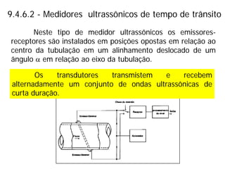 9.4.6.2 - Medidores ultrassônicos de tempo de trânsito
Neste tipo de medidor ultrassônicos os emissores-
receptores são instalados em posições opostas em relação ao
centro da tubulação em um alinhamento deslocado de um
ângulo α em relação ao eixo da tubulação.
Os transdutores transmistem e recebem
alternadamente um conjunto de ondas ultrassônicas de
curta duração.
 