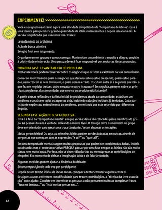 Experimente! >>>>>>>>>>>>>>>>>>>>>>>>>>>>>>>>>>>>>>>>>>>>>>>>
Você e seu grupo realizarão agora uma atividade simplificada de “tempestade de ideias”. Essa é
uma técnica para produzir grande quantidade de ideias interessantes e depois selecioná-las. A
versão simplificada que usaremos terá 3 fases:
Levantamento do problema
Ação de busca coletiva
Seleção final com julgamento.
Organizem-se em grupos e vamos começar. Mantenham um ambiente tranquilo e alegre, propício
à criatividade e interação. Uma pessoa deverá ficar responsável por anotar as ideias propostas.
Primeira Fase: Levantamento do problema
Nesta fase vocês podem conversar sobre os negócios que existem e existiram na sua comunidade.
Comecem identificando quais os negócios que deram certo e estão crescendo, quais estão para-
dos, nem crescem e nem diminuem, e quais deram errado. Discutam entre si a seguinte questão: o
que faz um negócio crescer, outro empacar e outro fracassar? Em seguida, pensem sobre os prin-
cipais problemas da comunidade: que serviço ou produto está faltando?
A partir dessas reflexões e da lista inicial de problemas atuais da comunidade, escolham um
problema e analisem todos os aspectos dele, incluindo soluções inviáveis já tentadas. Cada par-
ticipante expõe seu entendimento do problema, permitindo que este seja visto por diferentes
ângulos.
Segunda Fase: Ação de busca coletiva
Esta é a fase da “tempestade mental” em que várias ideias são colocadas pelos membros do gru-
po. As pessoas falam à vontade, deixando a mente livre. O diálogo entre os membros do grupo
deve ser orientado para gerar uma troca constante. Vejam algumas orientações:
Ideias geram ideias! Ou seja, as primeiras ideias podem ser desdobradas em outras através de
perguntas que começam com as expressões “e se?” ou “que tal?”.
Em uma tempestade mental surgem muitas propostas que podem ser consideradas bobas, inúteis
ou absurdas mas o processo criativo PRECISA passar por uma fase em que as ideias não são muito
claras nem muito boas. Por isso, não se deve ridicularizar ou menosprezar as contribuições de
ninguém! É o momento de deixar a imaginação solta e de falar à vontade.
Algumas medidas podem ajudar a dinâmica do debate:
Só uma exposição de cada vez por participante
Depois de um tempo inicial de ideias soltas, começar a tentar costurar algumas entre si
Se alguns alunos estiverem com dificuldade para trazer contribuições, a “técnica da livre associa-
ção” pode ajudar. Consiste em incentivar as pessoas a não pensarem muito ao completar frases
“isso me lembra...” ou “isso me faz pensar em...”.
82
 