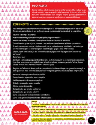 Experimente! >>>>>>>>>>>>>>>>>>>>>>>>>>>>>>>>>>>>>>>>>>>>>>>
Você e seu grupo selecionaram uma ideia de negócio na atividade de tempestade de ideias que
fizeram sob a orientação do seu professor. Agora, vamos estudar como colocá-la em prática.
Vejamos o exemplo de Vitória:
Atitude: determinação; criatividade; desejo de progredir na vida
Habilidade: manejo de metais; construção de bijuterias; escolha de materiais
Conhecimentos: projetar joias; observar características de cada metal; elaborar orçamentos.
Primeiro, conversem entre si e definam quais são os conhecimentos, habilidades e atitudes que
são necessários para se tocar o negócio escolhido pelo grupo e para obter sucesso.
Depois, façam uma avaliação das competências que já possuem. O que precisam adquirir ou
aprimorar?
Como fazer isso?
Concluam a atividade pesquisando onde e como poderiam adquirir as competências necessárias.
Uma dica: procurem a Associação Comercial mais próxima e também o posto do Sebrae da sua
cidade. Pesquisar na Internet também é uma boa opção.
Registre no Caderno do Aluno quais as competências fundamentais para se gerenciar um negócio
e em que locais mais próximos da sua cidade você pode aperfeiçoar suas aptidões empresariais.
Vejam um roteiro para auxiliar o raciocínio:
Conhecimentos necessários para o negócio:
Habilidades necessárias para o negócio:
Atitudes necessárias para o negócio:
Minhas competências são:
Competências que preciso aprimorar:
Competências que preciso adquirir:
Curso para adquirir conhecimentos e habilidades:
Curso para aprimorar conhecimentos e habilidades:
Aprendi:
a distinguir “conhecimentos”, “habilidades”, “atitudes” e “competências” no contexto
de empreendedorismo
a avaliar se tenho os conhecimentos necessários para abrir um determinado negócio
a avaliar se tenho as habilidades necessárias para abrir um determinado negócio
a avaliar se tenho as atitudes necessárias para abrir um determinado negócio
a avaliar se tenho que adquirir ou aprimorar as competências necessárias para
abrir um determinado negócio
Cara a cara
O que você aprendeu?
89
Pisca alerta
Sonhar é ótimo e todo mundo deveria sonhar sempre. Mas realizar os so-
nhos é um outro papo e depende, principalmente, de botar o pé no chão.
Portanto, concentre todas suas energias naquilo que você pode realizar,
pense grande, mas comece de acordo com as suas possibilidades.
 