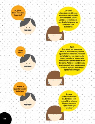 Oi, filha.
O que você está
fazendo?
A mamãe
disse que não dá para
eu tocar o meu negócio
aqui em casa. Estou
vendo no jornal os pre-
ços de aluguéis para um
escritório com
duas salas.
Duas
salas?
É pai.
Preciso de um lugar para
estocar as bijuterias prontas
e guardar os materiais. Também
seria legal ter um mostruário.
Pensei em colocar na entrada,
com um sofá para clientes e um
telefone. Acho que também vou
precisar contratar alguém para
atender ligações de clientes
e fazer as entregas.
Nossa, e
quanto vai sair
tudo isso?
É o que
eu estou calculan-
do. Será que com
um salário mínimo
dá para contratar
a pessoa de que
preciso?
108
 