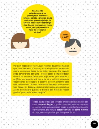 Para um negócio ser viável, suas receitas devem ser maiores
que suas despesas. Contudo, essa relação não necessaria-
mente se manterá dessa forma todos os meses. Um negócio
pode demorar até dar lucro – nesses casos o empreendedor
deverá ter recursos financeiros suficientes para manter o
negócio funcionando até que este dê o retorno esperado.
Dependendo do negócio, é possível que em determinadas
épocas do ano as receitas superem as despesas e que em ou-
tras épocas as despesas sejam maiores do que as receitas.
Assim, é necessário guardar o dinheiro dos meses de “vacas
gordas” para os de “vacas magras”.
Pai, mas não
adianta comprar na
promoção se não vende.
Estoque parado é prejuízo, ainda
mais o seu que estraga logo. Eu
aprendi isso no curso sobre negó-
cios. E nessa época sempre chove
muito, tem que prever isso.
Qual é o seu capital
de giro?
O meu
o quê??
Todas essas coisas são levadas em consideração ao se cal-
cular o capital de giro, o qual é composto pelos recursos ne-
cessários para que a empresa possa se manter funcionando
normalmente. Ele inclui o estoque inicial e o caixa mínimo.
Ou seja, sem o capital de giro a empresa fecha.
111
 