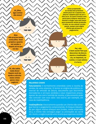 Estou projetando
as vendas dos próximos
meses para ver o quanto vou
faturar e depois qual vai ser o
meu lucro. Eu quero investir uma
parte para comprar mais ferra-
mentas e alugar uma sala maior
para aumentar minha produção.
O resto, eu vou colocar na pou-
pança, sempre tem algum
cliente que atrasa no
pagamento.
Pai, não
é bem assim! Tem que
descontar do fatura-
mento a inadimplên-
cia, os impostos, os
custos, e o que sobrar
é o lucro.
Oi, filha.
Que contas
são essas?
Mas
não precisa tanta
conta filha. Você
projeta o quanto
vai vender e
depois vê no que
vai dar.
Ih, não sabia
nada disso!
Depois você me
ajuda a calcular
essas coisas
para o meu
negócio?
116
Palavras-chave
Faturamento é normalmente entendido como a receita de
vendas de uma empresa. O termo se origina da prática co-
mercial de emissão de fatura, documento que discrimina
mercadorias e serviços vendidos e seus respectivos preços.
Apesar do uso com o sentido de receita, o faturamento pode
não coincidir com esse valor. Isto ocorre, por exemplo, em
caso de inadimplência.
Inadimplência é basicamente quando um cliente não conse-
gue honrar o pagamento comprometido. O cheque é devolvi-
do por algum motivo (cheque sem fundos, conta encerrada
etc.), o cliente não consegue pagar as prestações do carnê
etc.Assim,onegócioperdeumareceitaqueesperavareceber.
 