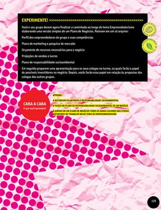 Experimente! >>>>>>>>>>>>>>>>>>>>>>>>>>>>>>>>>>>>>>>>>>>>>>>>
Você e seu grupo devem agora finalizar a caminhada ao longo do tema Empreendedorismo
elaborando uma versão simples de um Plano de Negócios. Reúnam em um só arquivo:
Perfil dos empreendedores do grupo e suas competências
Plano de marketing e pesquisa de mercado
Orçamento de recursos necessários para o negócio
Projeções de vendas e lucros
Plano de responsabilidade socioambiental
Em seguida preparem uma apresentação para os seus colegas na turma, os quais farão o papel
de possíveis investidores no negócio. Depois, vocês farão esse papel em relação às propostas dos
colegas dos outros grupos.
Aprendi:
a distinguir filantropia e responsabilidade socioambiental
A FAZER UM PLANO DE RESPONSABILIDADE SOCIOAMBIENTAL DE UM NEGÓCIO
a juntar em um Plano de Negócios todos os dados colhidos nas etapas
anteriores de trabalho nesse tema de empreendedorismo
Cara a cara
O que você aprendeu?
129
 