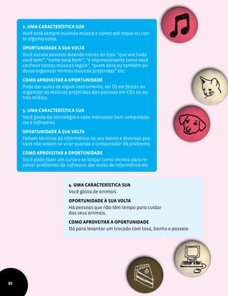 2. Uma característica sua
Você está sempre ouvindo música e talvez até toque ou can-
te alguma coisa.
Oportunidade à sua volta
Você escuta pessoas dizendo coisas do tipo: “que voz linda
você tem!”, “como toca bem!”, “é impressionante como você
conhece tantas músicas legais”, “quem dera eu também pu-
desse organizar minhas músicas preferidas” etc.
Como aproveitar a oportunidade
Pode dar aulas de algum instrumento, ser DJ em festas ou
organizar as músicas preferidas das pessoas em CDs ou ou-
tras mídias.
3. Uma característica sua
Você gosta da tecnologia e sabe manusear bem computado-
res e softwares.
Oportunidade à sua volta
Faltam técnicos de informática no seu bairro e diversas pes-
soas não sabem se virar quando o computador dá problema.
Como aproveitar a oportunidade
Você pode fazer um curso e se lançar como técnico para re-
solver problemas de software, dar aulas de informática etc.
4. Uma característica sua
Você gosta de animais.
Oportunidade à sua volta
Há pessoas que não têm tempo para cuidar
dos seus animais.
Como aproveitar a oportunidade
Dá para levantar um trocado com tosa, banho e passeio.
80
 