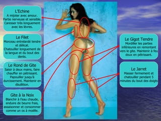 L’Echine A mijoter avec amour. Partie nerveuse et sensible. Caresser très longuement avec les lèvres. Le Filet Morceau entrelardé tendre et délicat. Chatouiller longuement de la langue et du bout des dents. Le Rond de Gite Saisir à deux mains, faire chauffer en pétrissant. Papouiller jusqu’à durcissement. Maintenir en ébullition. Gite à la Noix Blanchir à l’eau chaude, enduire de beurre frais, assaisonner et consommer comme un os à moëlle. Le Gigot Tendre Mordiller les parties inférieures en remontant vers le gite. Maintenir à feu doux en pétrissant. Le Jarret Masser fermement et chatouiller pendant 5 minutes du bout des doigts 