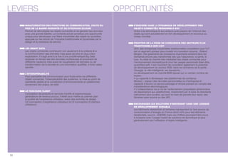 LEVIERS OPPORTUNITÉS 
MINIATURISATION DES FONCTIONS DE COMMUNICATION, CHUTE DU 
PRIX DE LA BANDE PASSANTE ET DU STOCKAGE (CLOUD) 
Permet de démultiplier les objets connectés et de générer des données 
avec une grande abilité. Le contexte actuel constitue une opportunité 
unique pour développer une lière industrielle des objets du quotidien, 
appuyée sur les atouts de l’industrie traditionnelle et dynamisée par le 
design et la robotique de service. 
LES SMART DATA 
Les objets connectés contribuent non seulement à la collecte et à 
la communication des données mais aussi de plus en plus à leur 
exploitation. Il s’agit ainsi à la fois d’une problématique Big Data 
(analyser en temps réel des données nombreuses et provenant de 
différents capteurs) mais aussi de visualisation de données ou de 
transformation de la donnée en une information qualiée, à forte valeur 
ajoutée. 
L’INTEROPÉRABILITÉ 
Pour permettre une communication plus uide entre les différents 
objets connectés, l’interopérabilité des systèmes, la mise au point de 
standards dédiés et la constitution d’environnements en plateformes 
deviennent des enjeux de taille. 
LE PARCOURS CLIENT 
Conception de produits et services intuitifs et ergonomiques, 
générateurs de revenus accrus. Intérêt pour mettre au premier plan 
la qualité de l’expérience utilisateur, essor des activités de design 
UX (conception d’expérience utilisateur) et UI (conception d’interface 
utilisateur). 
S’INSCRIRE DANS LA DYNAMIQUE DE DÉVELOPPEMENT DES 
OBJETS CONNECTÉS PERSONNELS B2C 
Grâce à la domotique et aux acteurs pure players de l'internet des 
objets qui sont actuellement en fort développement et reconnus au 
niveau mondial. 
PROFITER DE LA PRISE DE CONSCIENCE DES SECTEURS PLUS 
TRADITIONNELS SUR L’IOT 
30% des entreprises industrielles traditionnelles considèrent que l’IoT 
est un segment porteur pour investir en innovation (source : Roland 
Berger). Des gisements de croissance importants existent dans les 
domaines encore peu transformés tels que l'assurance, la santé, le 
luxe. Au-delà du marché très médiatisé des objets connectés pour 
l’environnement domestique et pour les usages personnels (bien-être, 
quantied self), il est important de considérer également le potentiel 
de développement du secteur B2B, dans les domaines de la santé, 
l’énergie, la ville intelligente, les transports… 
Le développement du marché B2B repose sur un certain nombre de 
leviers : 
• La capacité à développer des plateformes de confiance 
(Broker) : respect des données personnelles ou d’entreprise et 
capacité à fournir un service packagé et simple prenant en compte des 
considérations déontologiques. 
• L’indépendance vis-à-vis de l'enfermement propriétaire (phénomène 
de dépendance aux plateformes), notamment par le biais de standards 
nativement plus ouverts, qui sont en train de prendre leur essor, des 
librairies open source ou des API. 
ENCOURAGER LES SOLUTIONS S’INSCRIVANT DANS UNE LOGIQUE 
DE DÉVELOPPEMENT DURABLE 
Les bâtiments résidentiels et tertiaires représentent la 1ère source de 
consommation d’énergie en France (dont 44% pour les bâtiments 
résidentiels, source : ADEME) mais ces chiffres pourraient être revus 
à la baisse avec l’usage massif de solutions de domotique et plus 
généralement par l’utilisation d’objets intelligents. 
32 
 