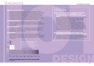 TENDANCES IOT, INTERNET DES OBJETS 
DESIGN 
64 
+ 84%/an 
400 
DESIGN 
33 
VERS LE MONDE INTELLIGENT 
Comment le monde sensible (l’environnement physique) va-t-il devenir 
intelligent ? De nombreux scénarios sont élaborés, décrivant comment rendre 
connectés ou intelligents des objets qui ne le seraient pas nativement, par 
le biais de puces communicantes. Cependant des verrous technologiques 
subsistent encore, sur la miniaturisation des capteurs ainsi que sur leur 
consommation énergétique. Au-delà de la connectivité, on attend des objets 
intelligents qu’ils soient dotés de comportements adaptatifs, qu’ils soient en 
interaction sociale avec leur environnement (humain ou robotique). 
NOUVEAUX MODÈLES 
Après une phase de croissance sur des marchés verticaux et ciblés, un 
modèle d’agrégation par plateforme permettra aux industriels de réaliser à la 
fois des opérations de courtage et du traitement des données récoltées par le 
biais des objets. 
LE DO IT YOURSELF 
La tendance au DIY permet un accès facilité à la conception d’objets, grâce, 
par exemple, à l’impression 3D. Les dynamiques de co-conception se 
développeront, dans une lière où les usages et l’expérience utilisateur sont 
des leviers essentiels de croissance. 
LES ENJEUX 
La généralisation de l’IoT n’est pas sans soulever des interrogations : 
quel contrôle et quelle régulation, face aux risques de l’automatisation par les 
algorithmes qui ne seront jamais dénués de failles de sécurité ou de bugs de 
fonctionnement, quel impact sur les données personnelles et la protection de 
la vie privée ? 
EN PHASE AVEC LE RETARD DES ENTREPRISES FRANÇAISES 
DANS LEUR TRANSFORMATION NUMÉRIQUE, LE TAUX 
D’UTILISATION DU DESIGN RESTE PARMI LES PLUS FAIBLES EN 
EUROPE 
Le marché du design est très atomisé et comprend une majorité de 
petites structures en phase d’amorçage ou de développement. 
Une vingtaine d’acteurs concentre la majeure partie du chiffre 
d’affaires global du secteur (source : ADC). 
Les entreprises doivent prendre conscience de l’effet de levier 
qu’implique le design sur la compétitivité et la croissance, et la 
convergence que celui-ci permet de la technologie, de la culture 
et de l’économie. Les entreprises digitales sont les plus avancées, 
pour la conception de produits et services, en replacant l’utilisateur 
nal au centre, notamment via les communautés. L’intervention du 
designer en amont du processus n’est systématique que pour 12% 
des entreprises (source : APCI). 
DES PROGRÈS EMBLÉMATIQUES PEUVENT ÊTRE 
ACCOMPLIS DANS LE DOMAINE DES OBJETS CONNECTÉS 
En réponse à l'inculture design (source : Mission Cadix), une 
opportunité unique pour développer une lière industrielle des objets 
du quotidien, appuyée sur les atouts de l’industrie traditionnelle et 
dynamisée par le design et la robotique de service. 
2010 
2013 
2015 
2012 
2020 
4 
15 
80 
Evolution du nombre d’objets connectés en service dans le monde en milliards 
(source : IDATE 2013) 
Evolution du nombre d’objets connectés en service en France en millions d’Euros 
source ? 2014 
0 10 20 30 40 50 60 70 80 
0 50 100 150 200 250 300 350 400 
Parmi ces 80 milliards, 85% 
représenteraient des objets, 11% 
des terminaux communicants 
comme les smartphones et 4% des 
machine-to-machine (M2M). 
 
