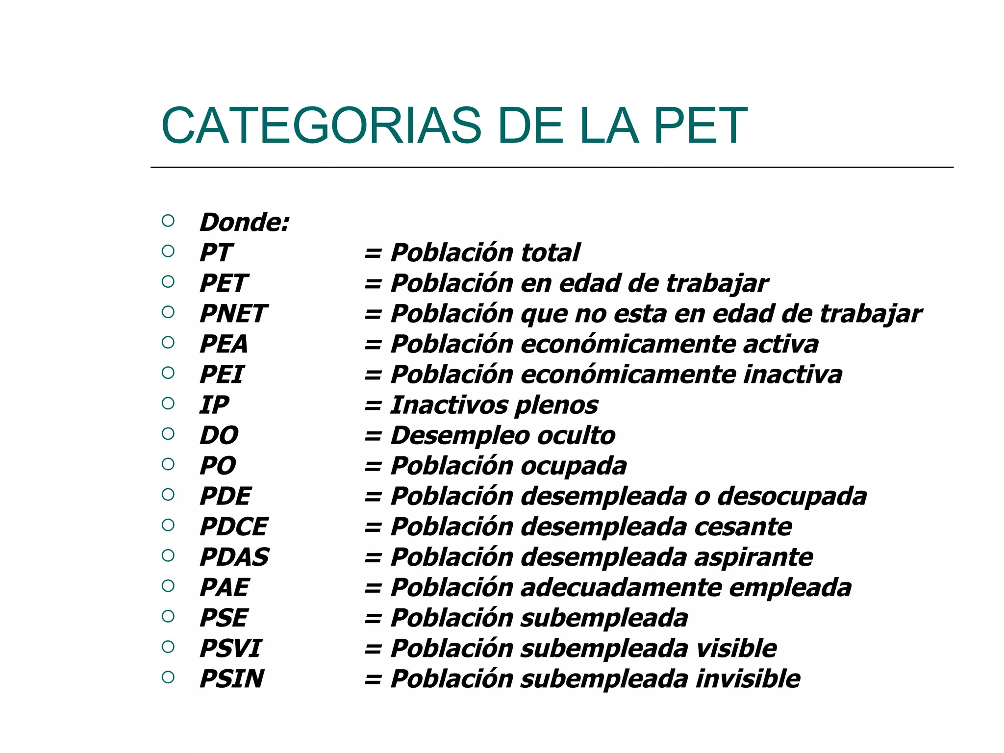 CATEGORIAS DE LA PET Donde: PT  = Población total PET  = Población en edad de trabajar PNET  = Población que no esta en edad de trabajar PEA  = Población económicamente activa PEI  = Población económicamente inactiva IP  = Inactivos plenos DO  = Desempleo oculto PO  = Población ocupada PDE  = Población desempleada o desocupada PDCE = Población desempleada cesante PDAS  = Población desempleada aspirante PAE  = Población adecuadamente empleada PSE  = Población subempleada PSVI  = Población subempleada visible PSIN  = Población subempleada invisible 