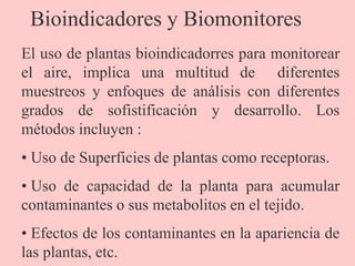 Bioindicadores y Biomonitores
El uso de plantas bioindicadorres para monitorear
el aire, implica una multitud de diferentes
muestreos y enfoques de análisis con diferentes
grados de sofistificación y desarrollo. Los
métodos incluyen :
• Uso de Superficies de plantas como receptoras.
• Uso de capacidad de la planta para acumular
contaminantes o sus metabolitos en el tejido.
• Efectos de los contaminantes en la apariencia de
las plantas, etc.
 