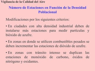 Número de Estaciones en Función de la Densidad
Poblacional
Vigilancia de la Calidad del Aire
Modificaciones por los siguientes criterios:
• En ciudades con alta densidad industrial deben de
instalarse más estaciones para medir partículas y
bióxido de azufre.
• En zonas en donde se utilicen combustibles pesados se
deben incrementar las estaciones de dióxido de azufre.
• En zonas con tránsito intenso se duplican las
estaciones de monóxido de carbono, óxidos de
nitrógeno y oxidantes.
 