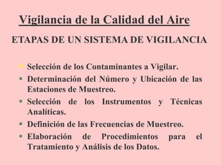 Vigilancia de la Calidad del Aire
 Selección de los Contaminantes a Vigilar.
 Determinación del Número y Ubicación de las
Estaciones de Muestreo.
 Selección de los Instrumentos y Técnicas
Analíticas.
 Definición de las Frecuencias de Muestreo.
 Elaboración de Procedimientos para el
Tratamiento y Análisis de los Datos.
ETAPAS DE UN SISTEMA DE VIGILANCIA
 