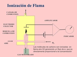Ionización de Flama
GAS MUESTREADO
AIRE H2
CAMARA DE
COMBUSTION
ELECTRODO
COLECTOR
BOQUILLA DE
COMBUSTION
AMPLFICADOR
INDICADOR
Las moléculas de carbono son ionizadas en
llama aire H2 generando un flujo de e- que es
directamente proporcional a la concentración
 